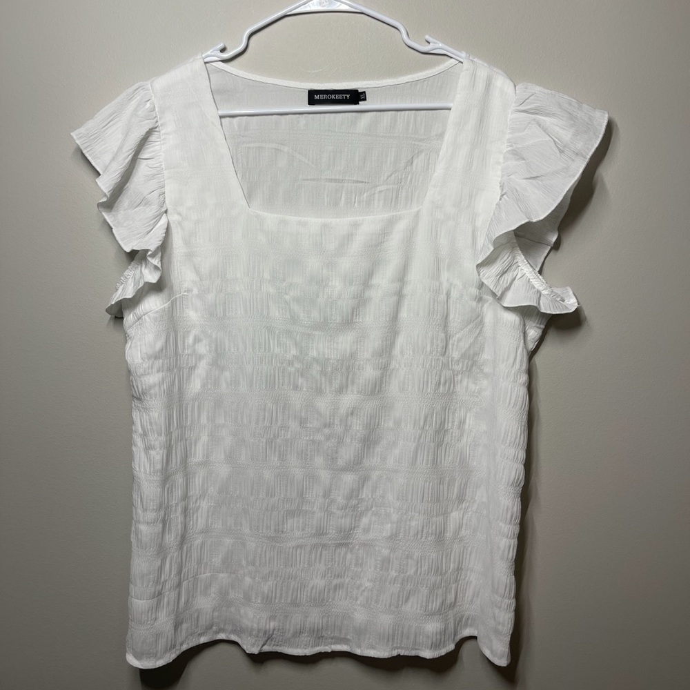 Merokeety White Ruffle Sleeve Blouse